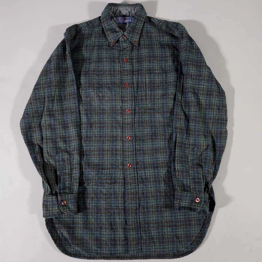 Pendleton Wool Shirt Mens 15 Blue Green Plaid True 60s Vintage Button Down
